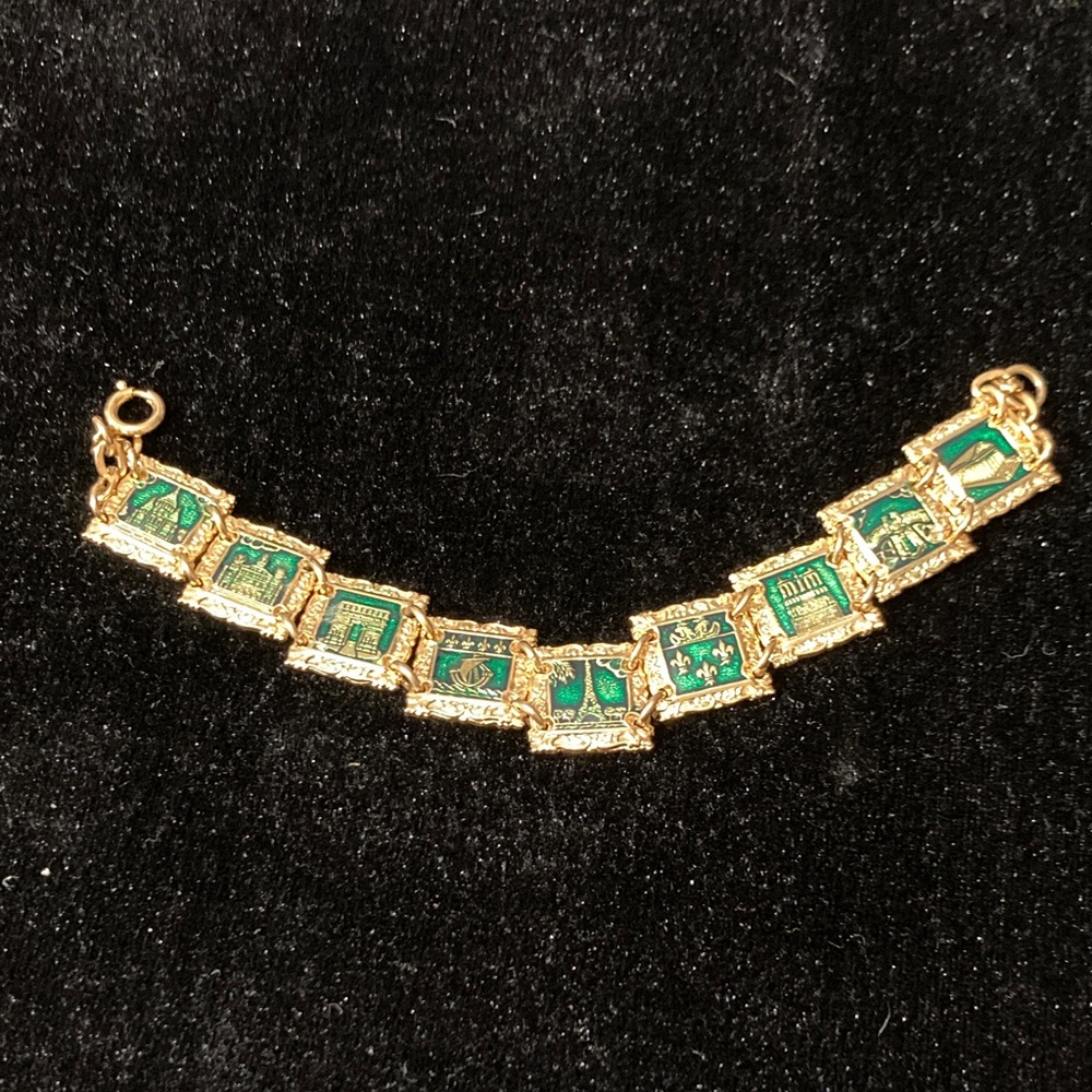 Vintage Paris Charm Bracelet with Green Enamel Historical Sites